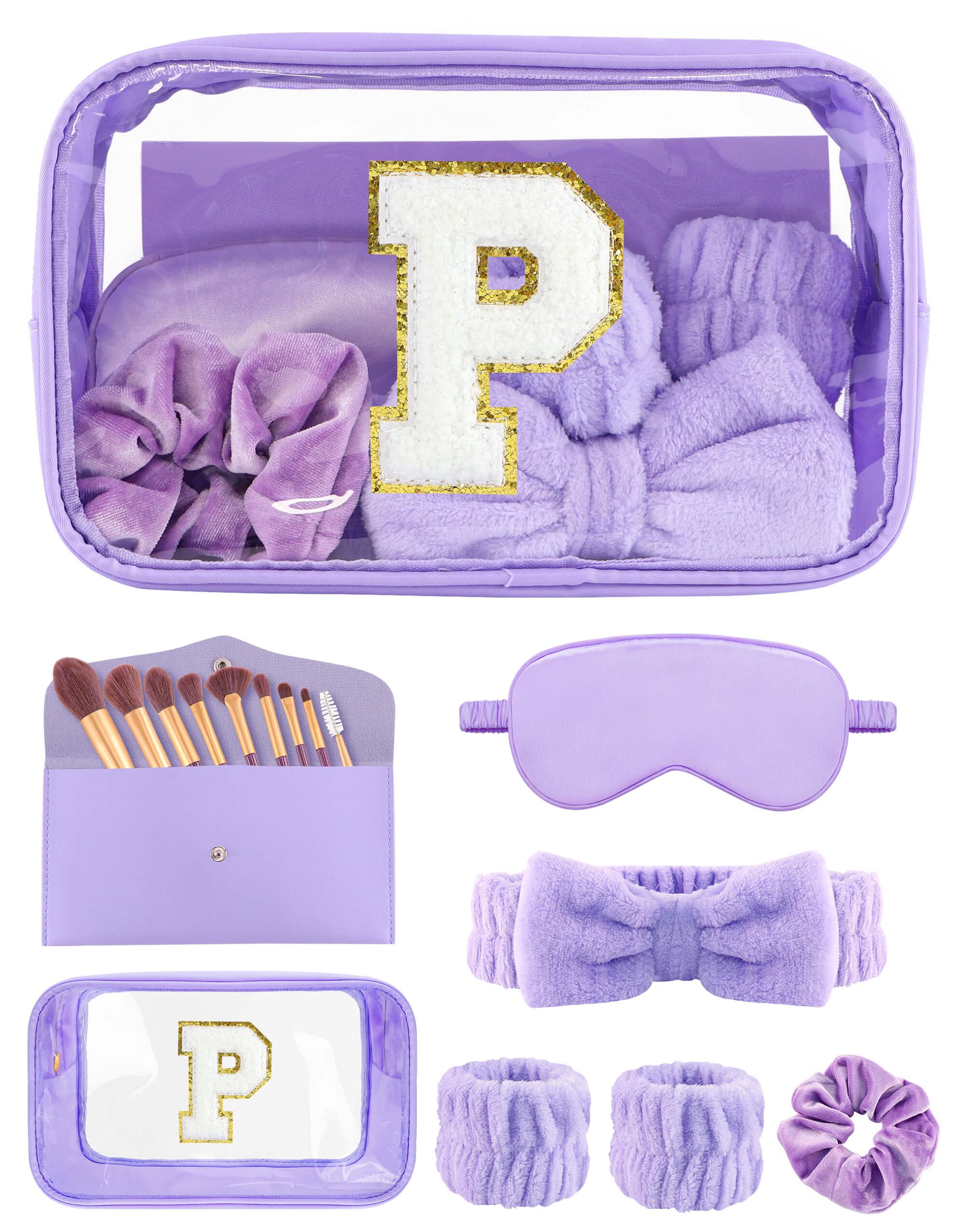 Sweet Lion Gift Sets for Women – Initial Makeup Bag & Brush Set | Purple Spa Kit for Sleepovers