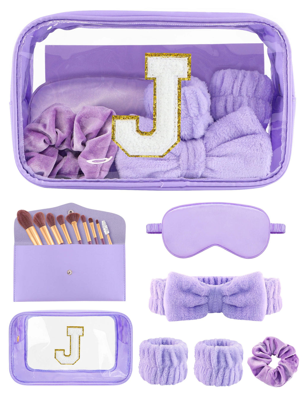 Sweet Lion Gift Sets for Women | Initial Makeup Bag & 7‑Piece Brush Set + Spa Headbands