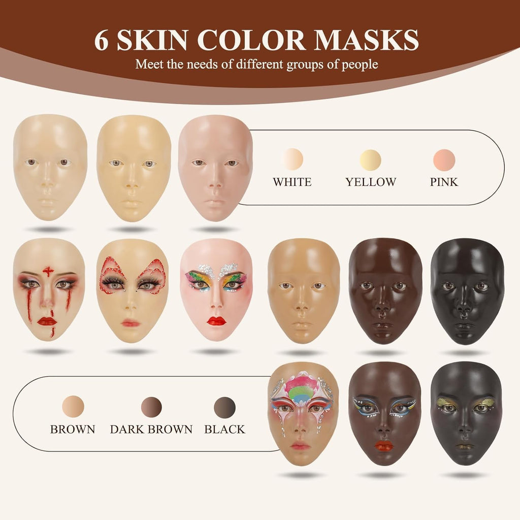 SWHDT Makeup Practice Face Board Set – 5D Silicone Full Face Head with Brushes & Eyebrow Pen (Dark Brown)