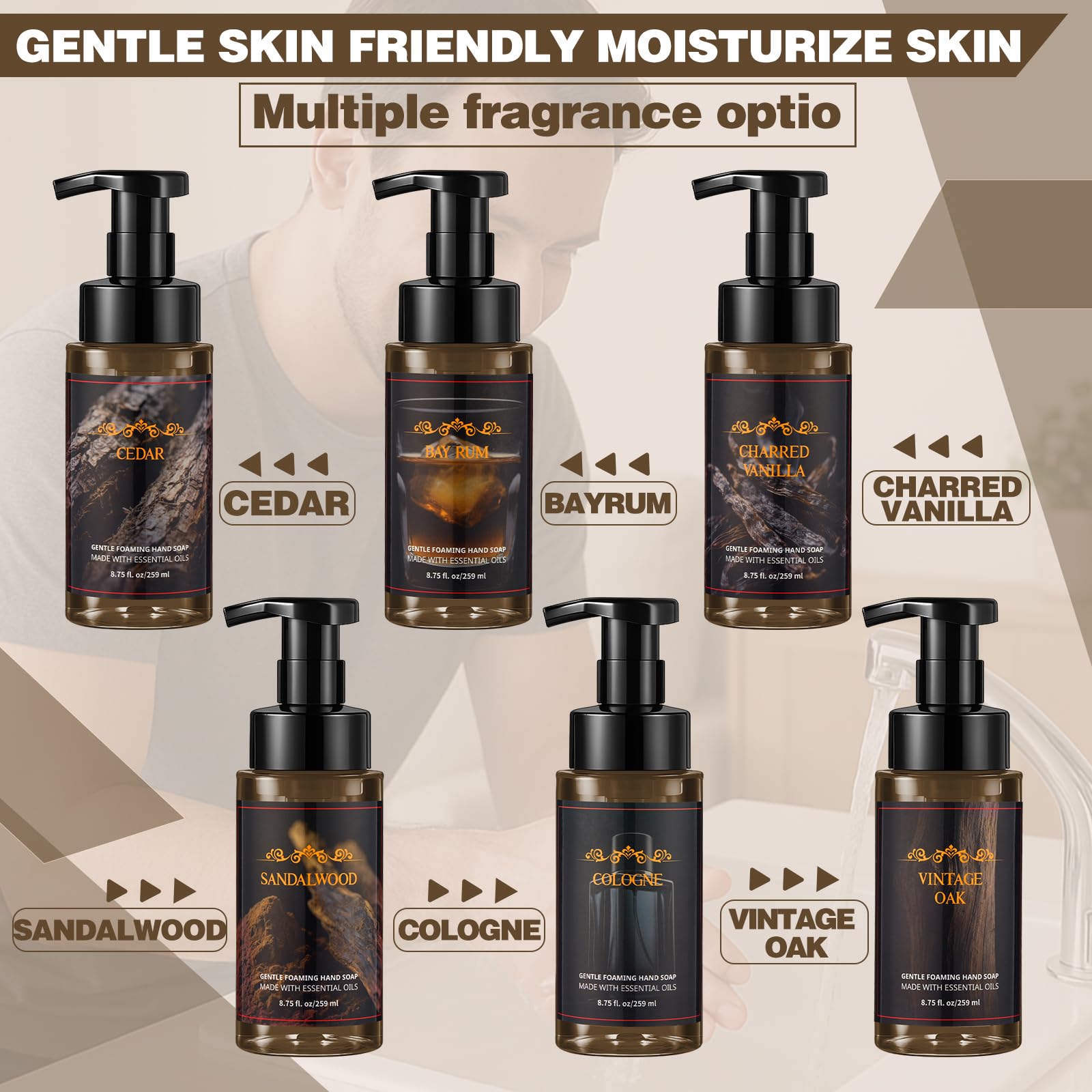 Swiffen 6 Pack Men's Foaming Hand Soap with Pump – Moisturizing, Masculine Scents (Cedar, Sandalwood, Bay Rum, Cologne, Charred Vanilla, Vintage Oak)