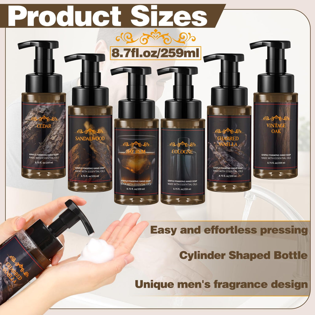 Swiffen 6 Pack Men's Foaming Hand Soap with Pump – Moisturizing, Masculine Scents (Cedar, Sandalwood, Bay Rum, Cologne, Charred Vanilla, Vintage Oak)
