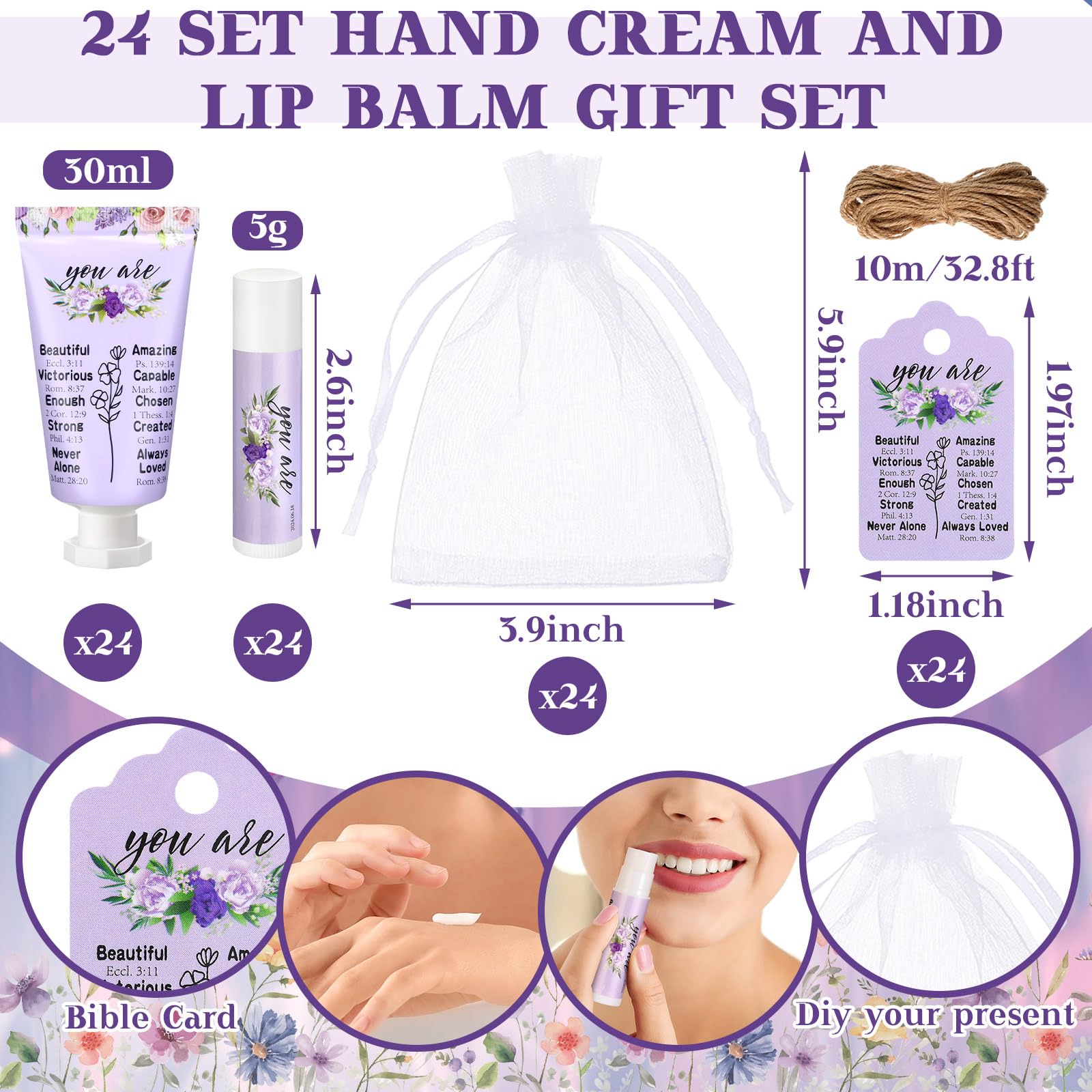 Swiffen 24-Set Christian Hand Cream and Lip Balm Gift Set – Travel-Size, Bible Verse Design, Elegant Gift for Women