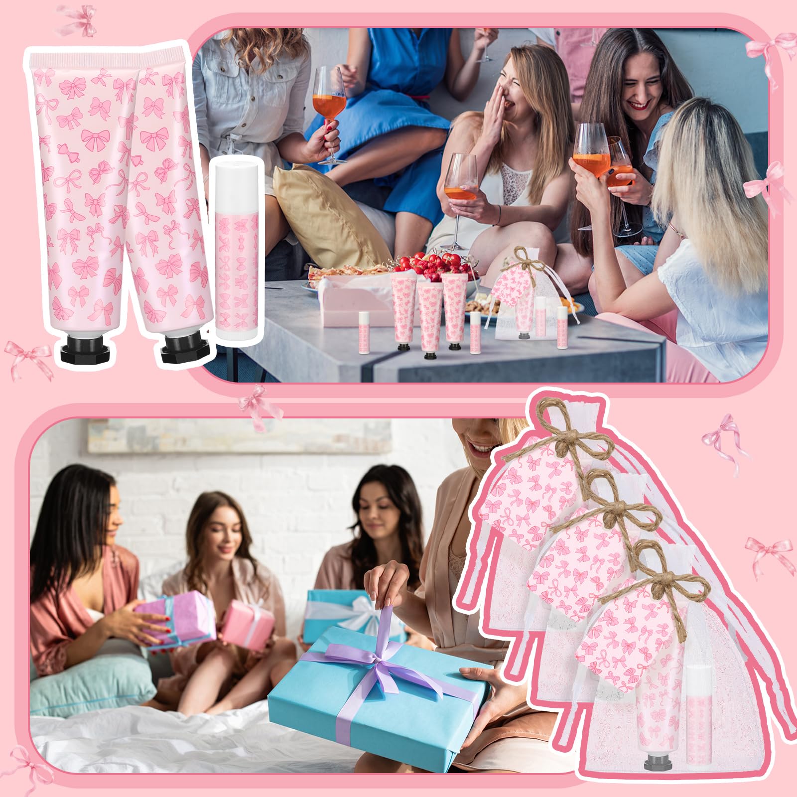 Swiffen Coquette 48-Set Pink Bow Baby Shower Favors – Hand Cream & Lip Balm