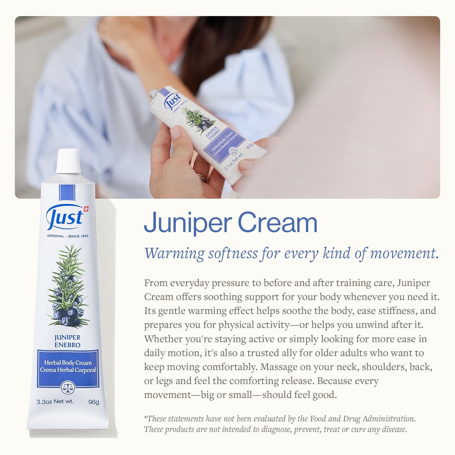 SwissJust Juniper Massage Cream 96g – Muscle & Joint Comfort, Pre- & Post-Workout for Seniors