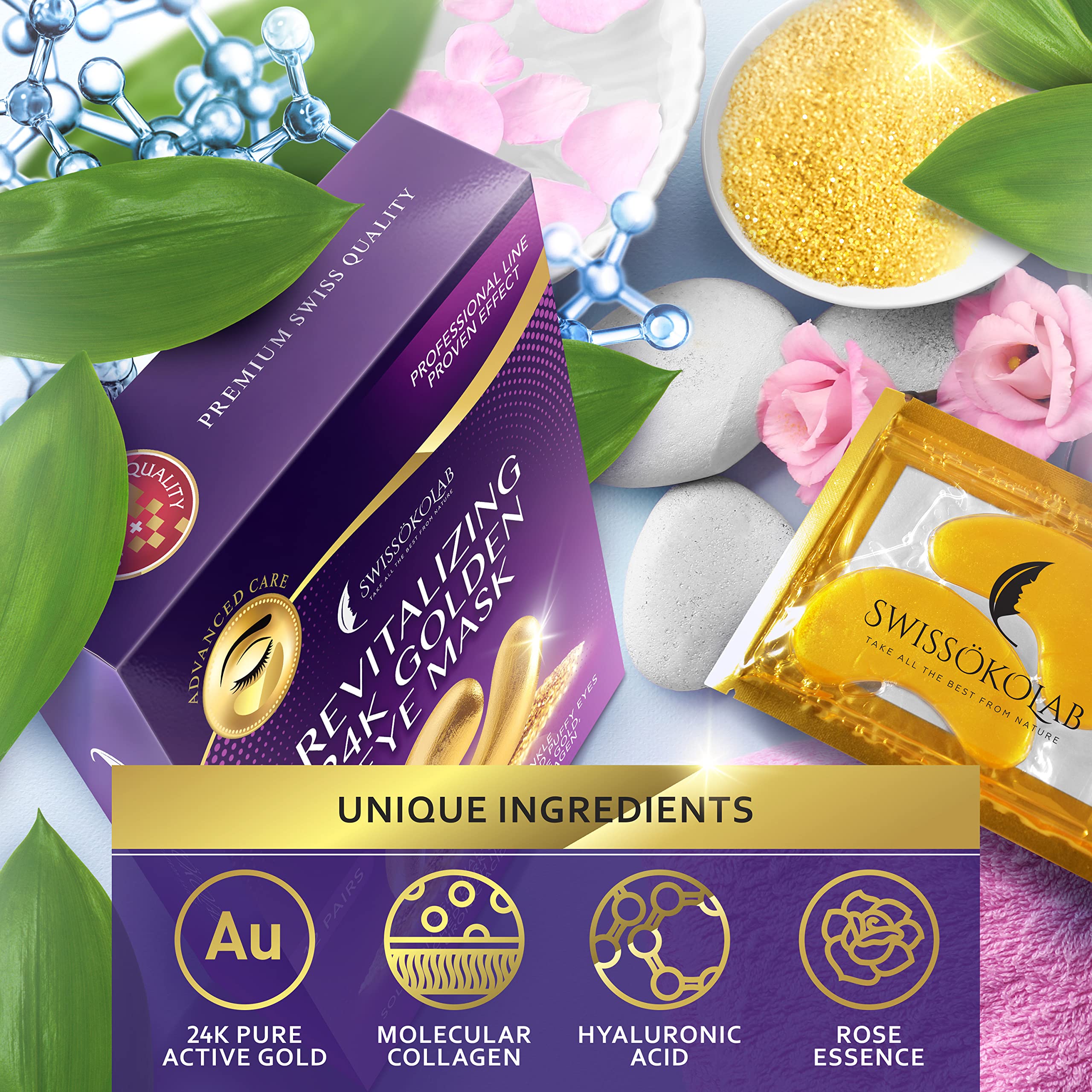 SWISSÖKOLAB 24k Gold Under Eye Patches – Puffy Eyes, Dark Circles, Hydration & Anti-Aging