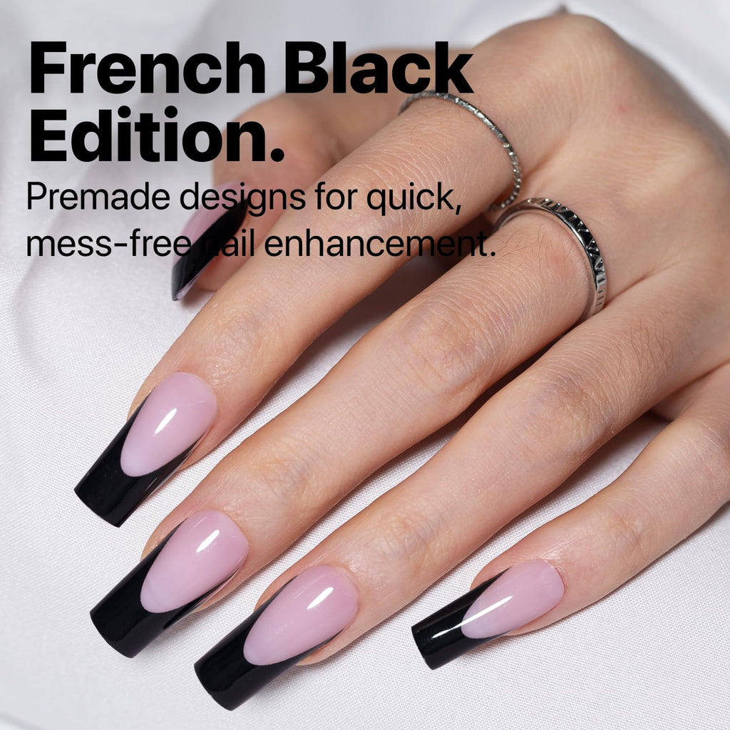 SXC French Tip Press-On Nails – 150 Pieces, Ultra Fit, Pre-Applied Primer & Base Coat (BLACK117-M Square)