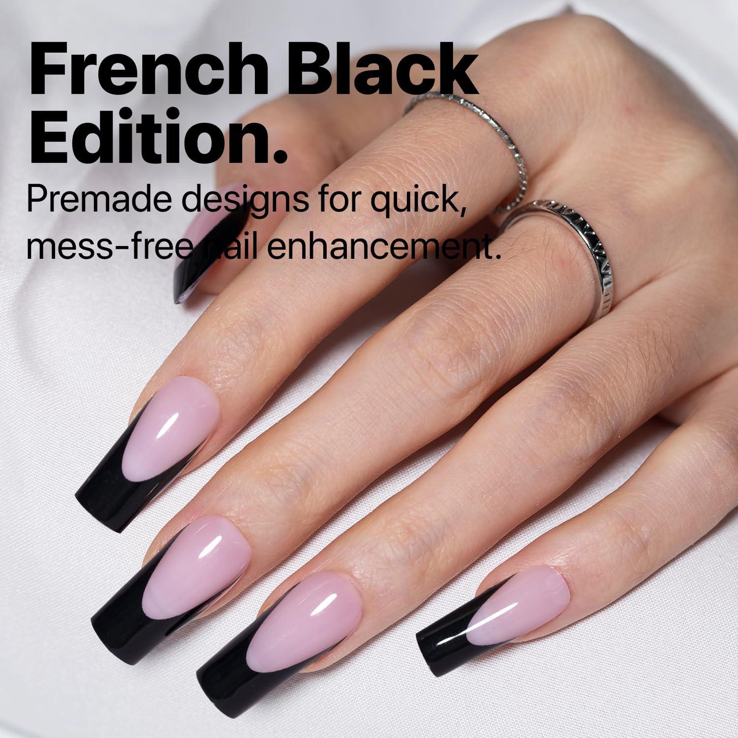 SXC French Tip Press-On Nails – 150 Pieces, Ultra Fit, Pre-Applied Primer & Base Coat (BLACK117-M Square)