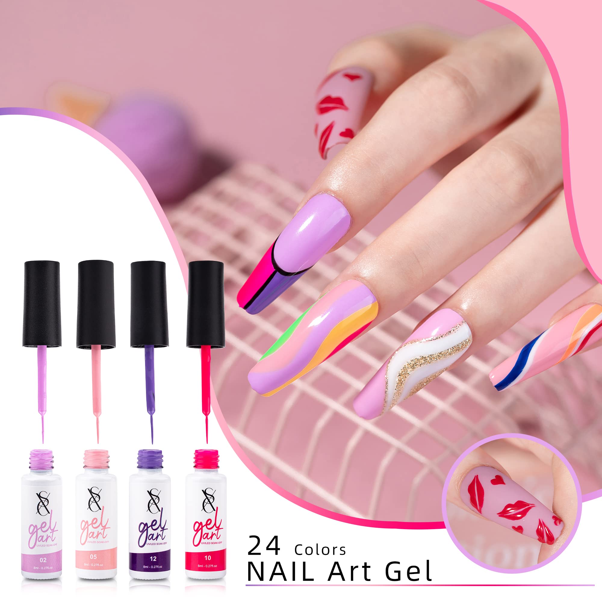 SXC Cosmetics 24-Color Gel Liner Set with Built-in Brush – Soak-Off Gel Polish for Nail Art