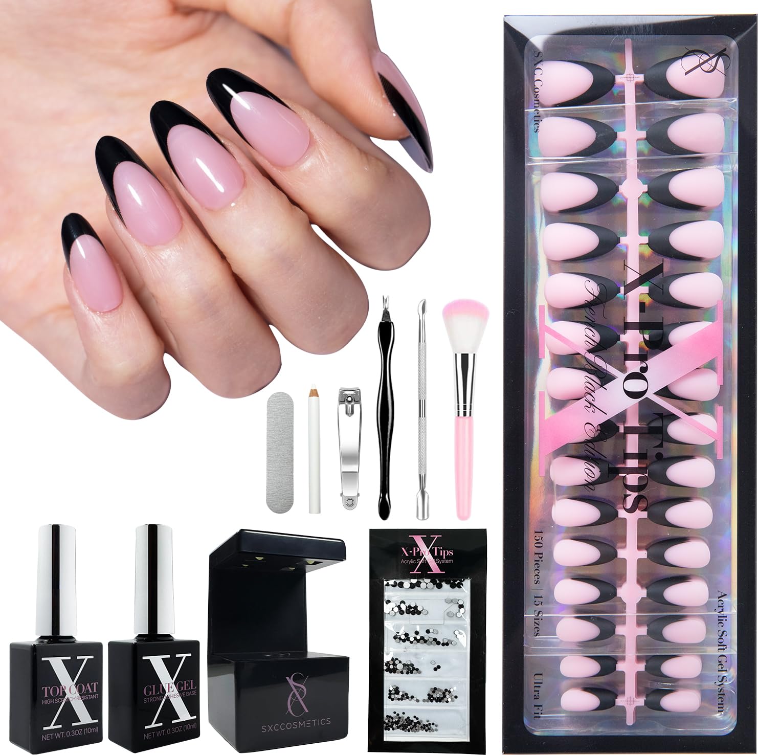 SXC Black Series French Tip Press-On Nails – X-Pro Tips Starter Kit (150pcs, 15 sizes, 5 styles)