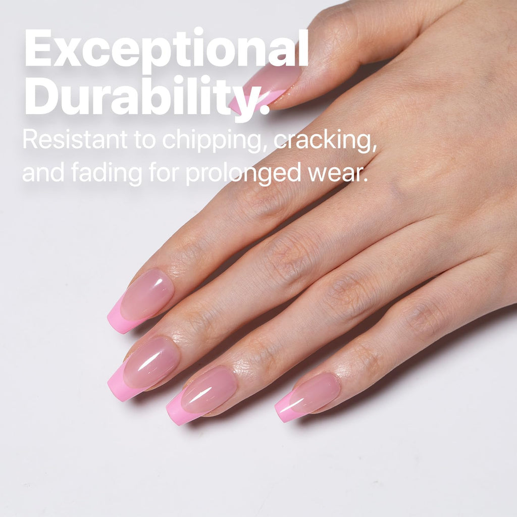SXC French Tip Press On Nails Kit – 150 Pieces, 15 Sizes, Ultra Fit, Pre-Applied Primer & Base Coat (5PINK119-S Coffin)