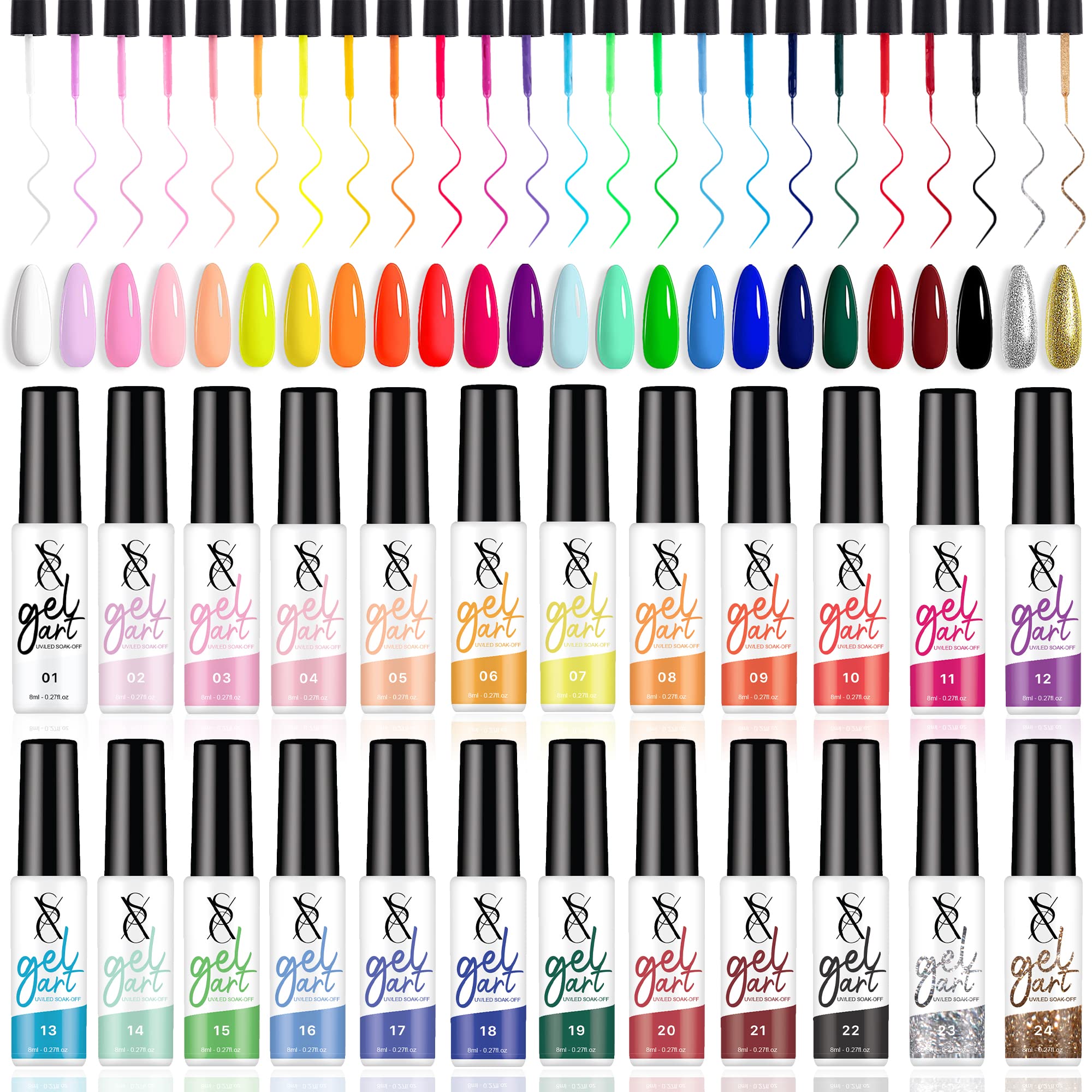 SXC Cosmetics 24-Color Gel Liner Set with Built-in Brush – Soak-Off Gel Polish for Nail Art
