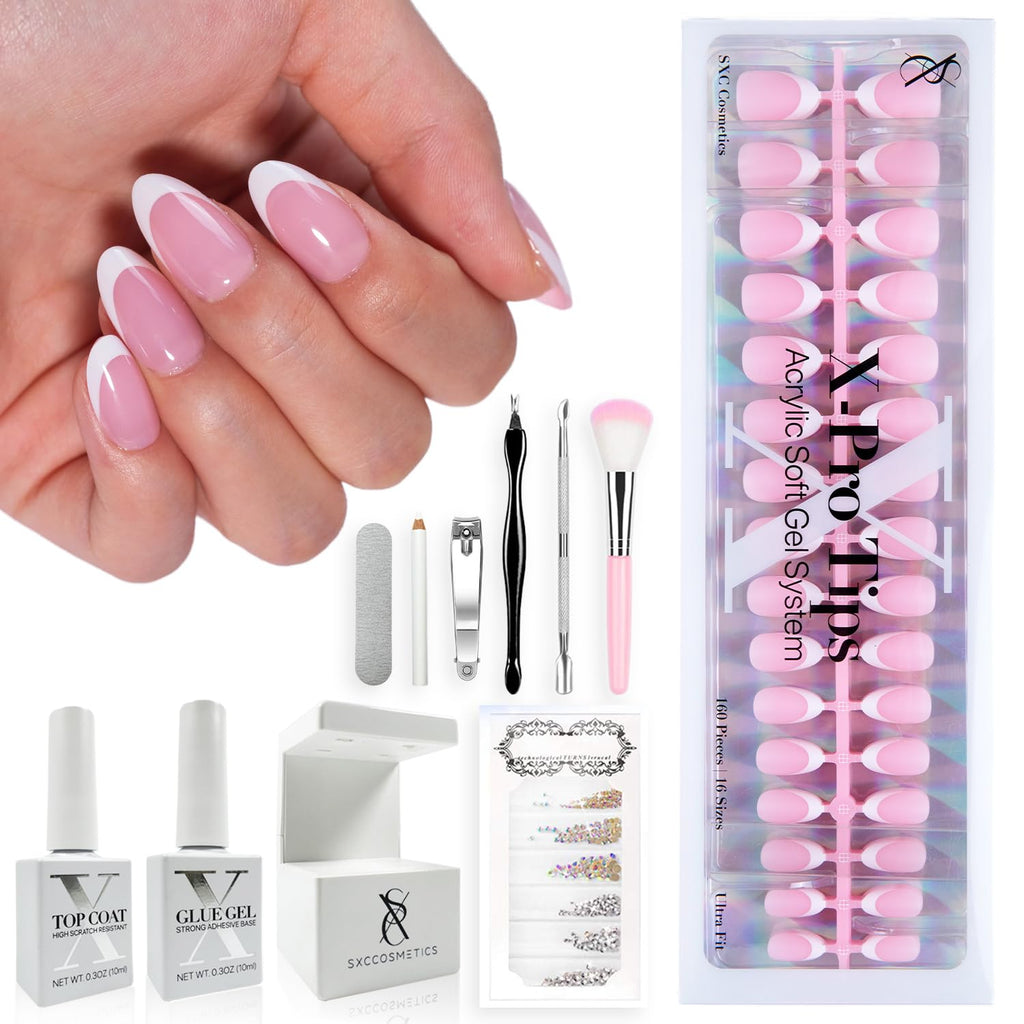 SXC French Tip Press-On Nails Pink Series – Short Almond X-Pro Tips