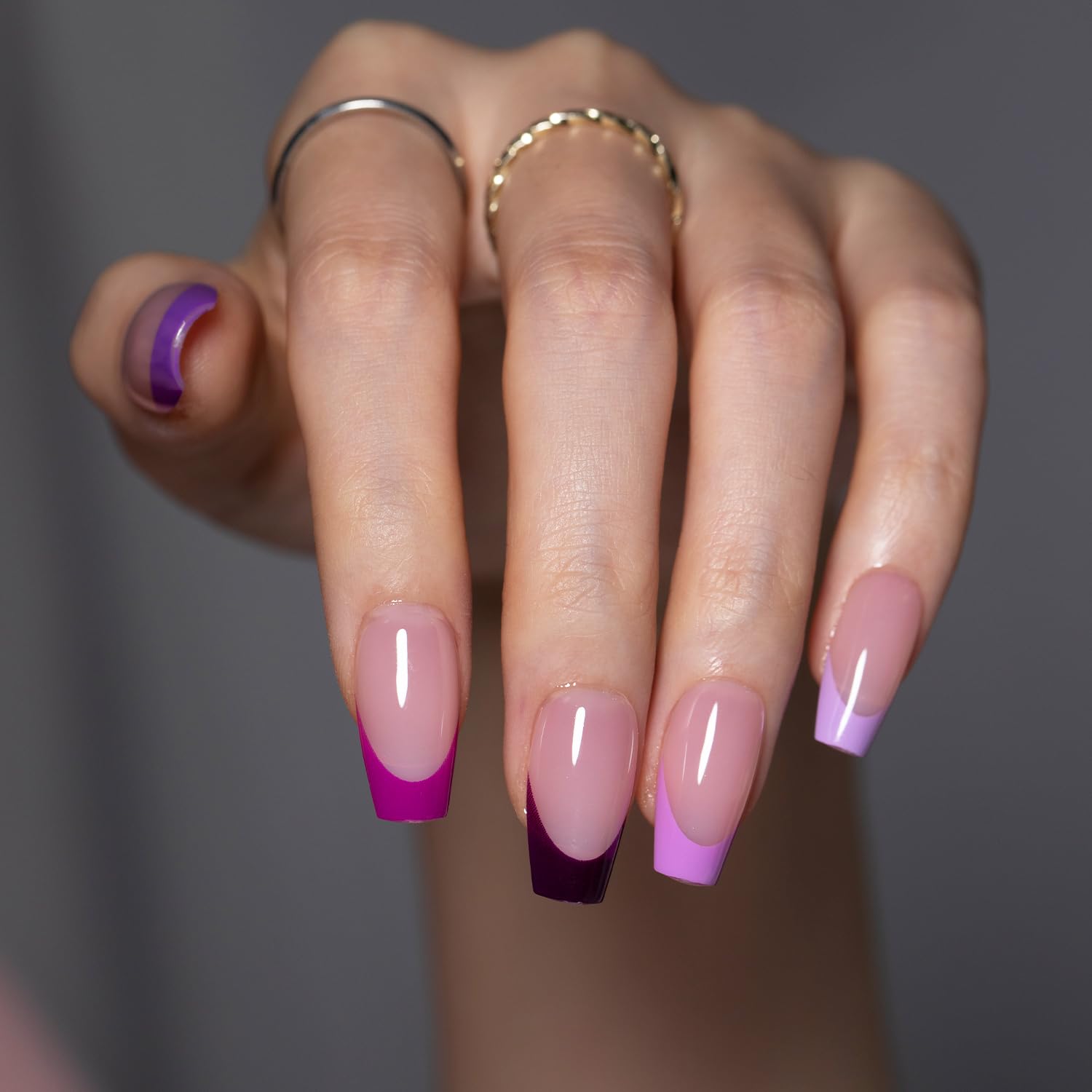 SXC French Tip Press On Nails – 150-Piece Ultra Fit Kit, 15 Sizes, Pre-Applied Primer & Base Coat (Coffin 5PURPLE119-S)