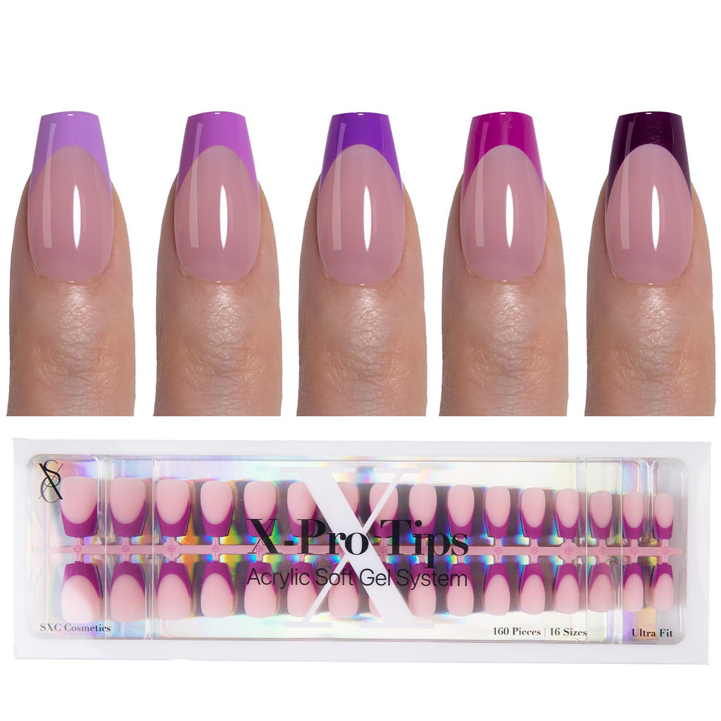 SXC French Tip Press On Nails – 150-Piece Ultra Fit Kit, 15 Sizes, Pre-Applied Primer & Base Coat (Coffin 5PURPLE119-S)