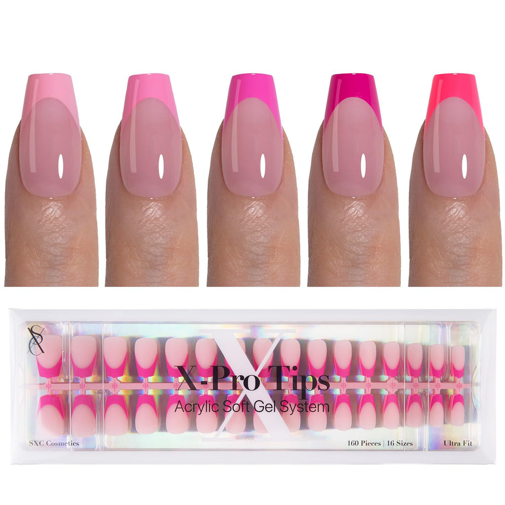 SXC French Tip Press On Nails Kit – 150 Pieces, 15 Sizes, Ultra Fit, Pre-Applied Primer & Base Coat (5PINK119-S Coffin)