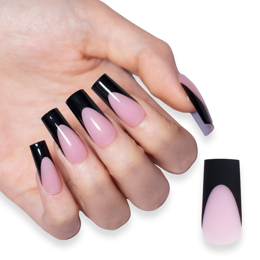 SXC French Tip Press-On Nails – 150 Pieces, Ultra Fit, Pre-Applied Primer & Base Coat (BLACK117-M Square)