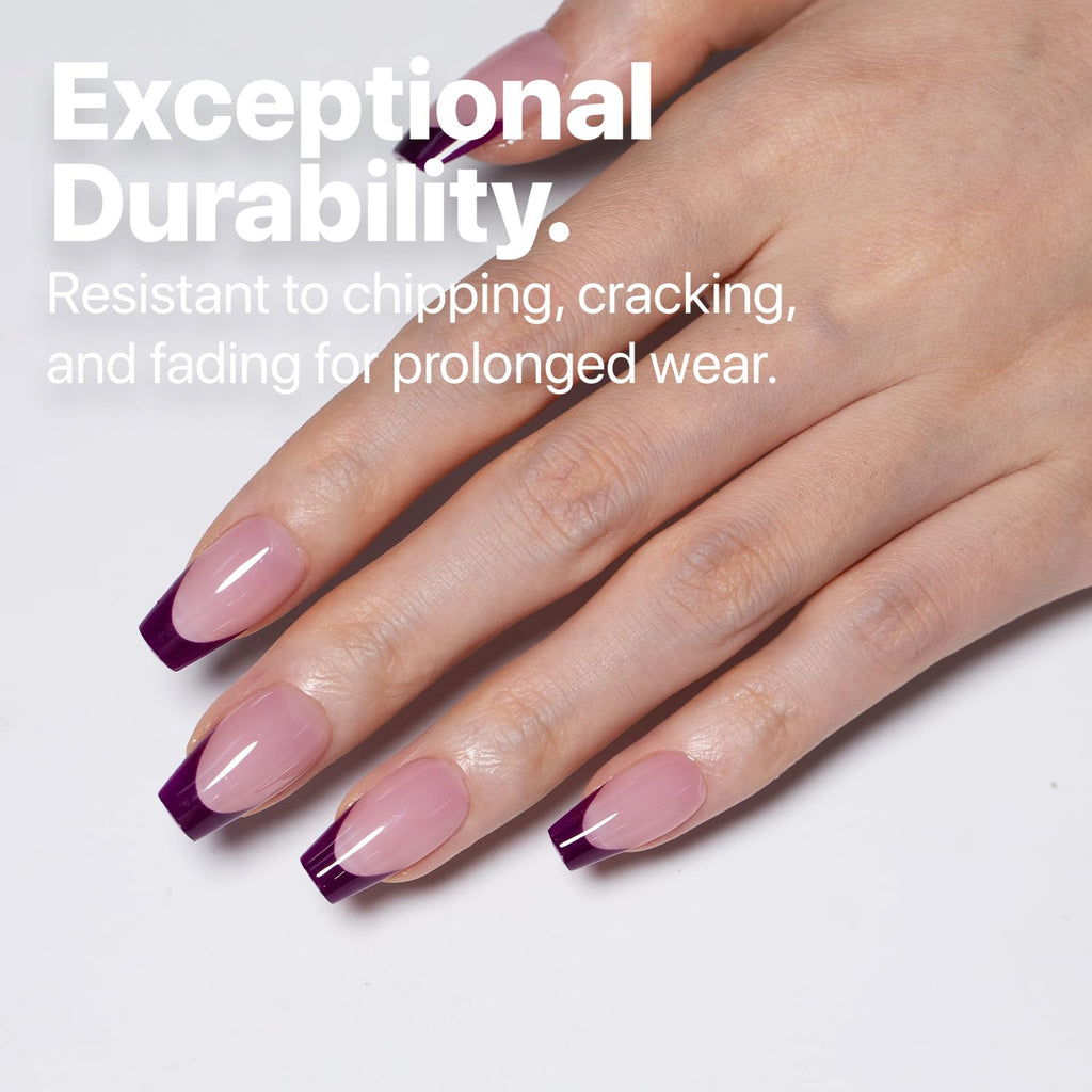 SXC French Tip Press On Nails – 150-Piece Ultra Fit Kit, 15 Sizes, Pre-Applied Primer & Base Coat (Coffin 5PURPLE119-S)