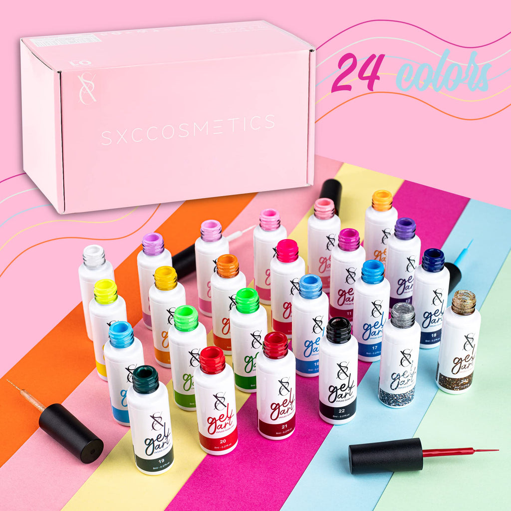 SXC Cosmetics 24-Color Gel Liner Set with Built-in Brush – Soak-Off Gel Polish for Nail Art
