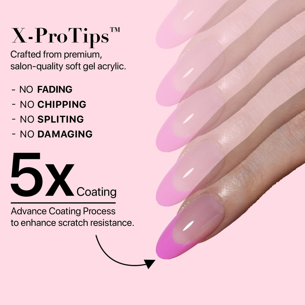 SXC French Tip Press On Nails – 150-Piece Ultra Fit Kit with Pre-applied Primer & Base Coat (5PINK115-M Almond)