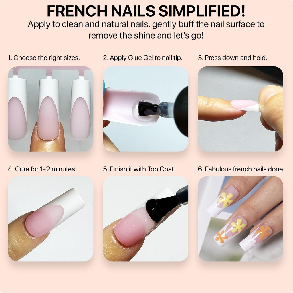 SXC French Tip Press-On Nails Pink — Medium Almond, 150 Pieces, Ultra Fit, Pre-applied Primer & Base Coat