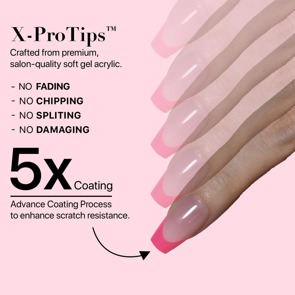 SXC French Tip Press On Nails Kit – 150 Pieces, 15 Sizes, Ultra Fit, Pre-Applied Primer & Base Coat (5PINK119-S Coffin)