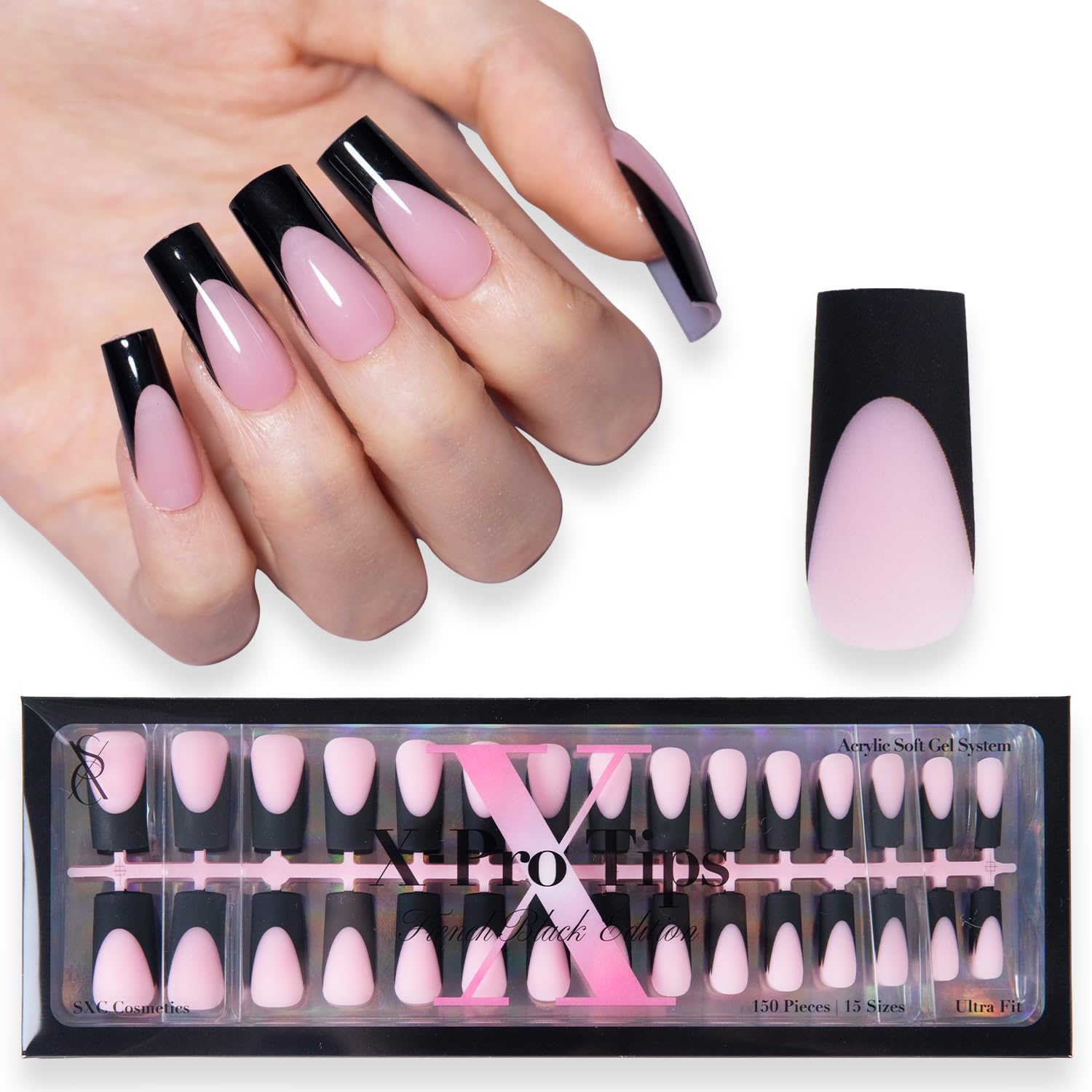 SXC French Tip Press-On Nails – 150 Pieces, Ultra Fit, Pre-Applied Primer & Base Coat (BLACK117-M Square)