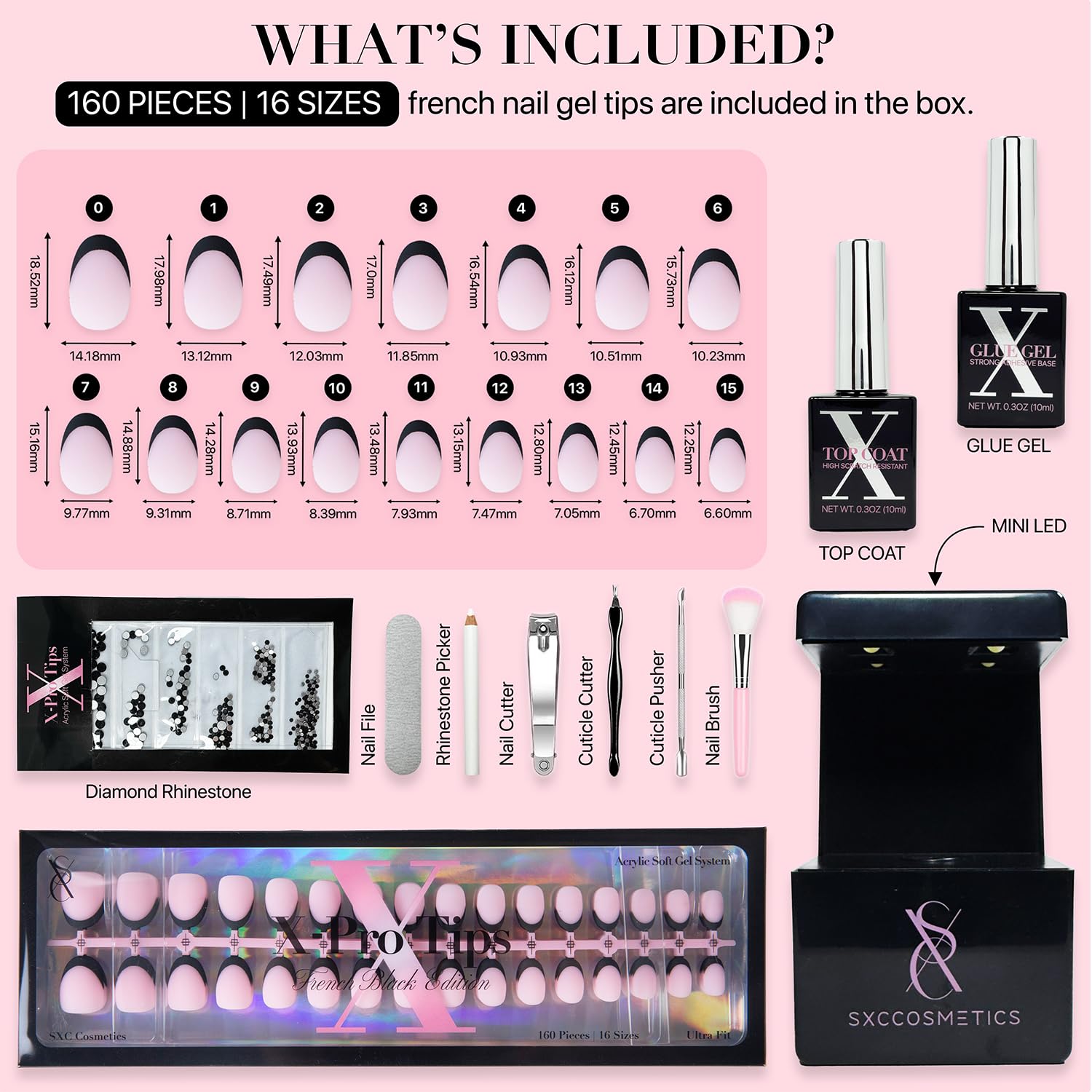SXC Black Series French Tip Press-On Nails – Extra Short Almond, X-Pro Tips Starter Kit (160pcs)