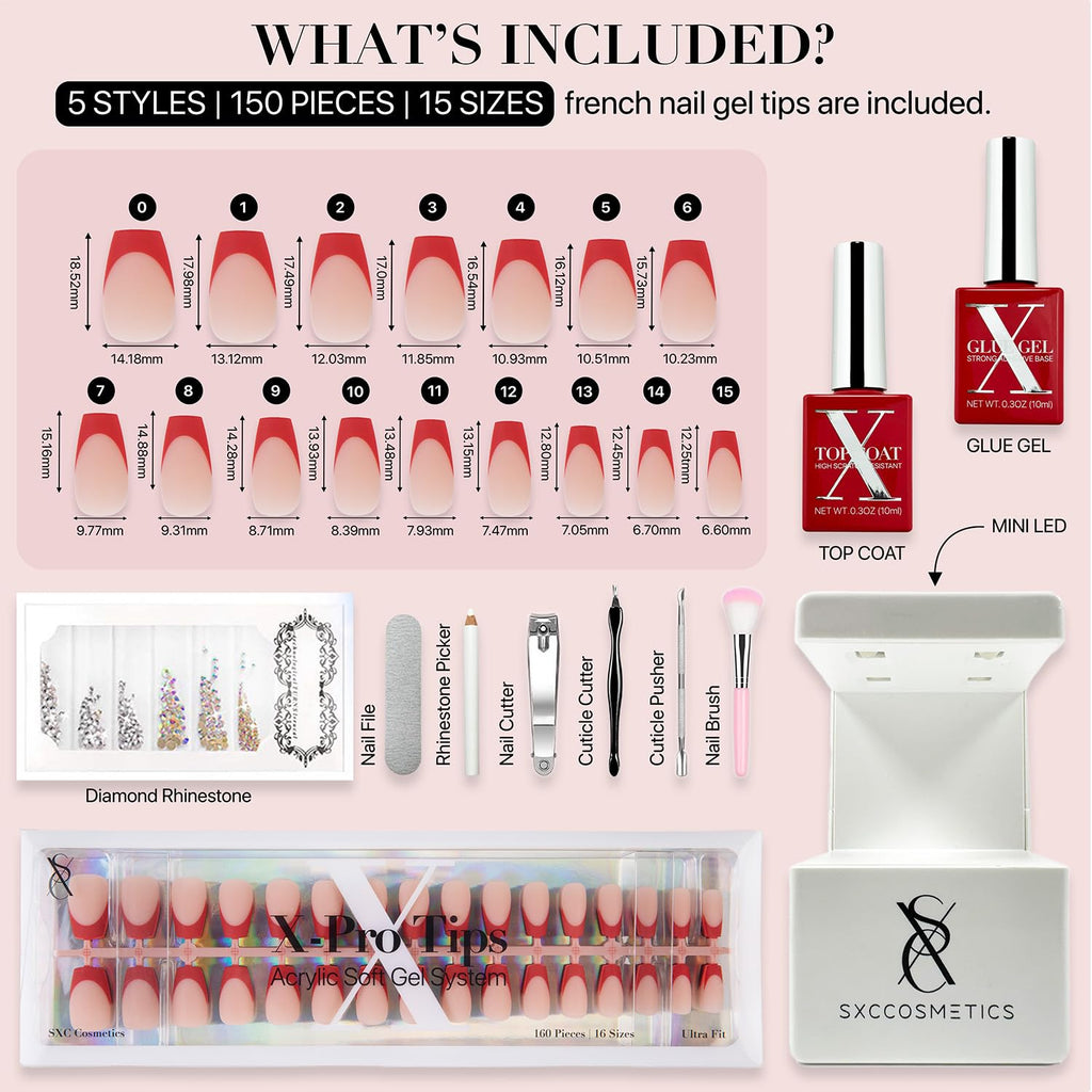 SXC Red Series French Tip Press On Nails – Short Coffin Starter Kit (160pcs, 16 sizes, 5 styles)