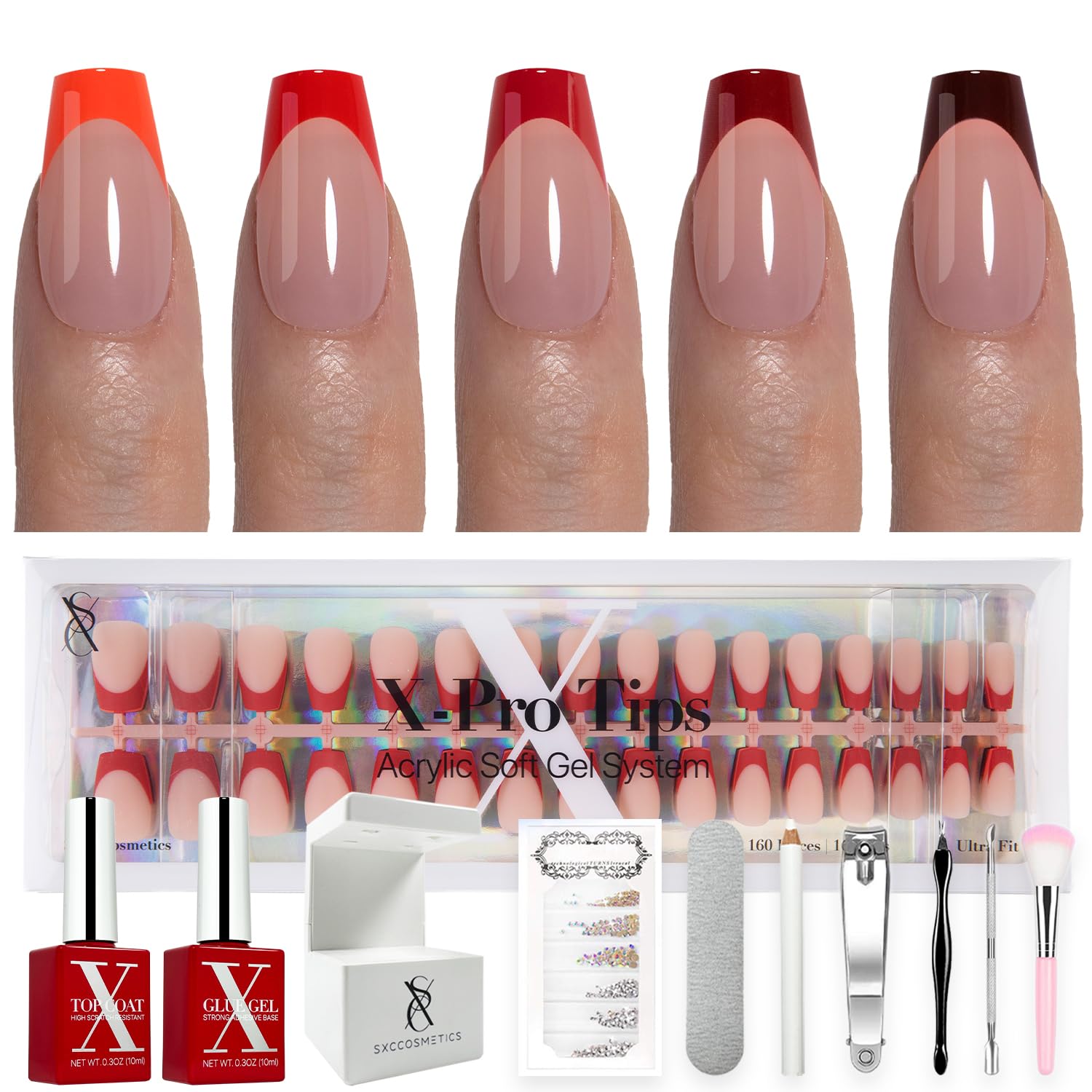 SXC Red Series French Tip Press On Nails – Short Coffin Starter Kit (160pcs, 16 sizes, 5 styles)