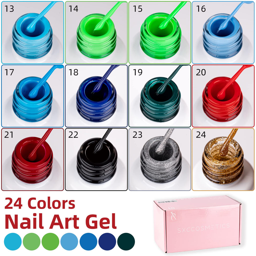 SXC Cosmetics 24-Color Gel Liner Set with Built-in Brush – Soak-Off Gel Polish for Nail Art