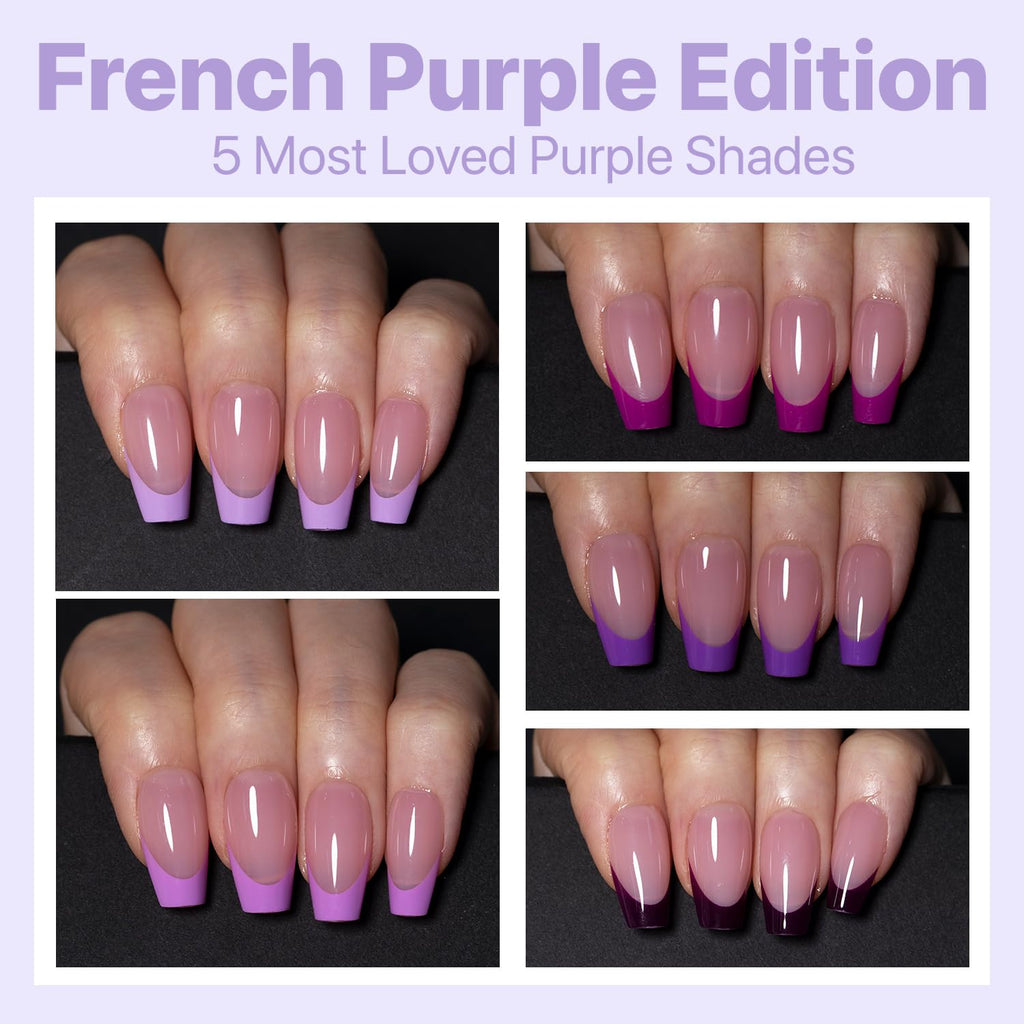SXC French Tip Press On Nails – 150-Piece Ultra Fit Kit, 15 Sizes, Pre-Applied Primer & Base Coat (Coffin 5PURPLE119-S)