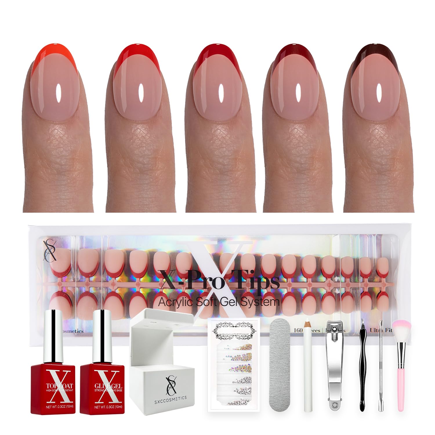 SXC Cosmetics X-Pro Tips French Tip Press-On Nails – French Red Edition (Almond, RED118KIT-XS)