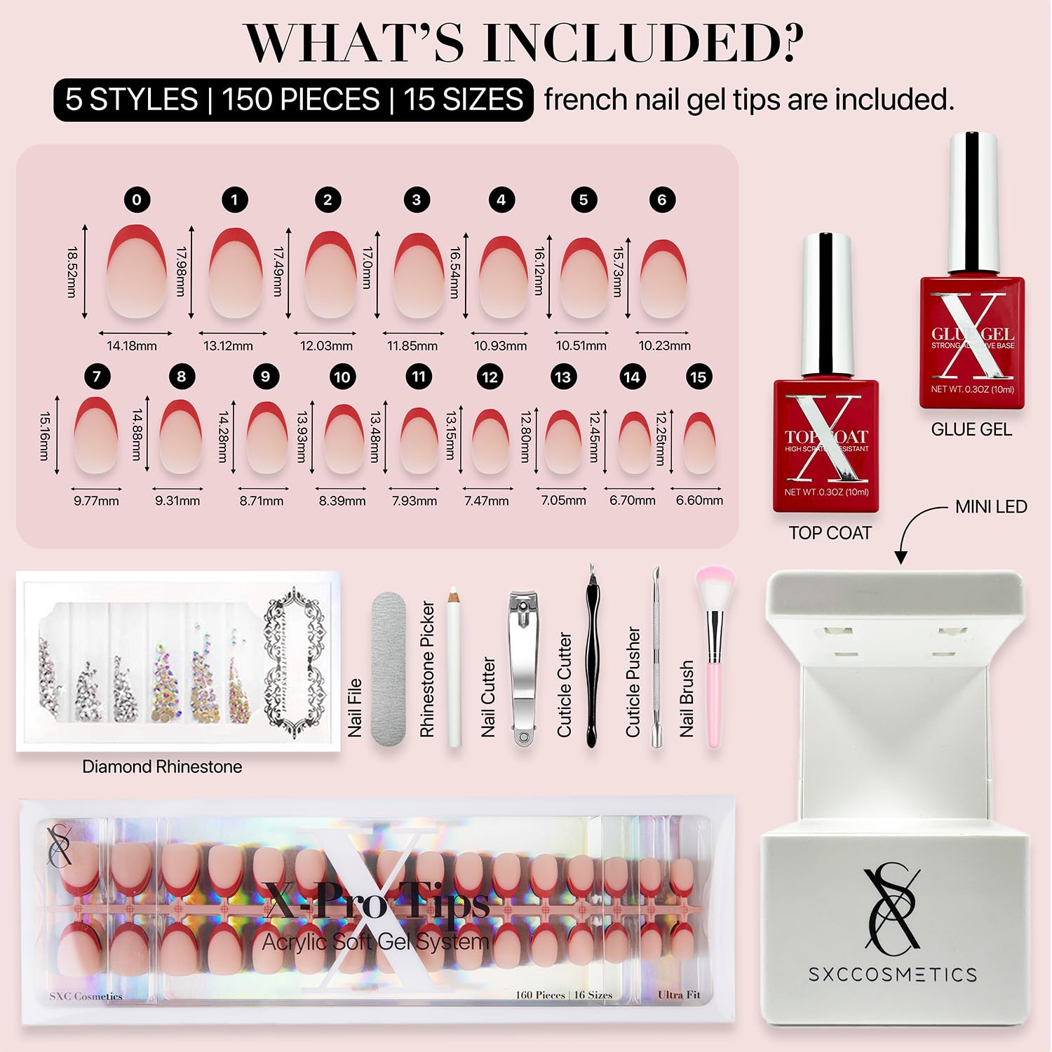 SXC Cosmetics X-Pro Tips French Tip Press-On Nails – French Red Edition (Almond, RED118KIT-XS)