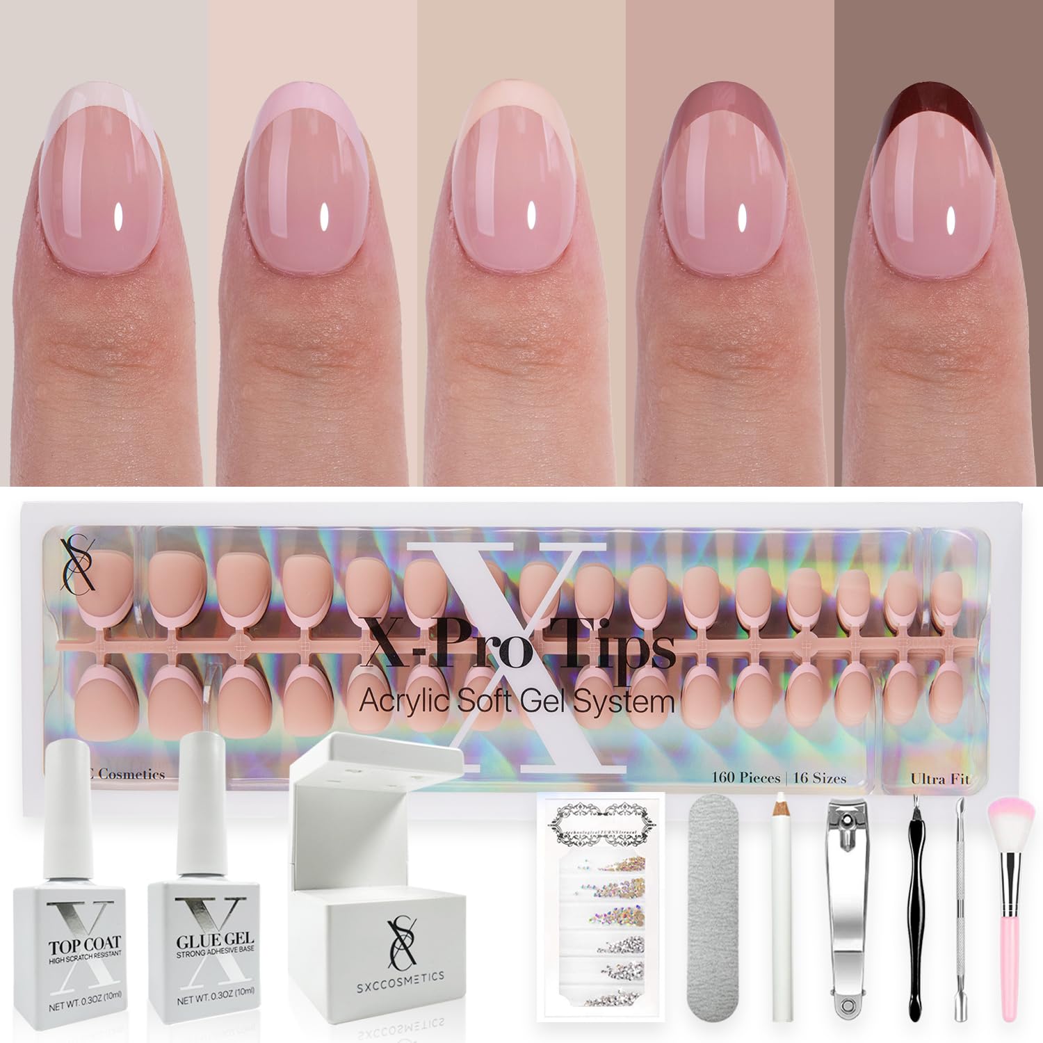 SXC Cosmetics French Tip Press-On Nails – XS Almond X-Pro Starter Kit ST118KIT