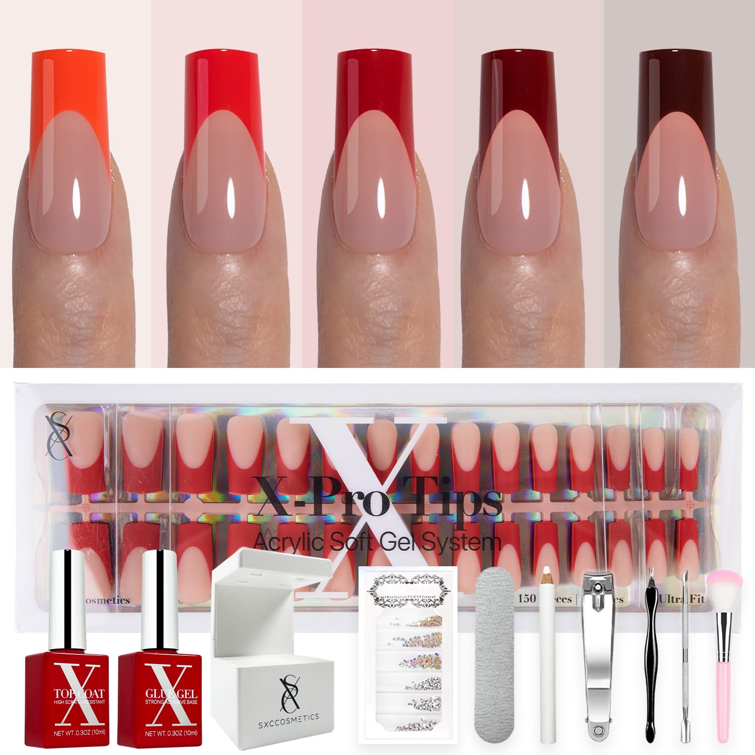 SXC Cosmetics French Tip Press On Nails – Red Series, Medium Square, X-Pro Tips Starter Kit | 150PCS, 15 Sizes, 5 Styles, Beginner-Friendly