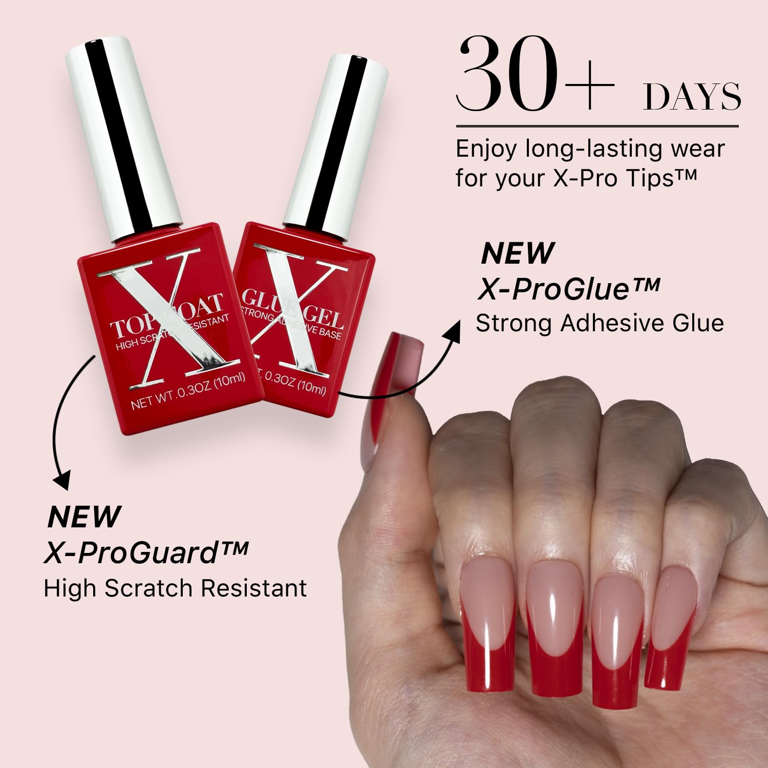SXC Cosmetics French Tip Press On Nails – Red Series, Medium Square, X-Pro Tips Starter Kit | 150PCS, 15 Sizes, 5 Styles, Beginner-Friendly