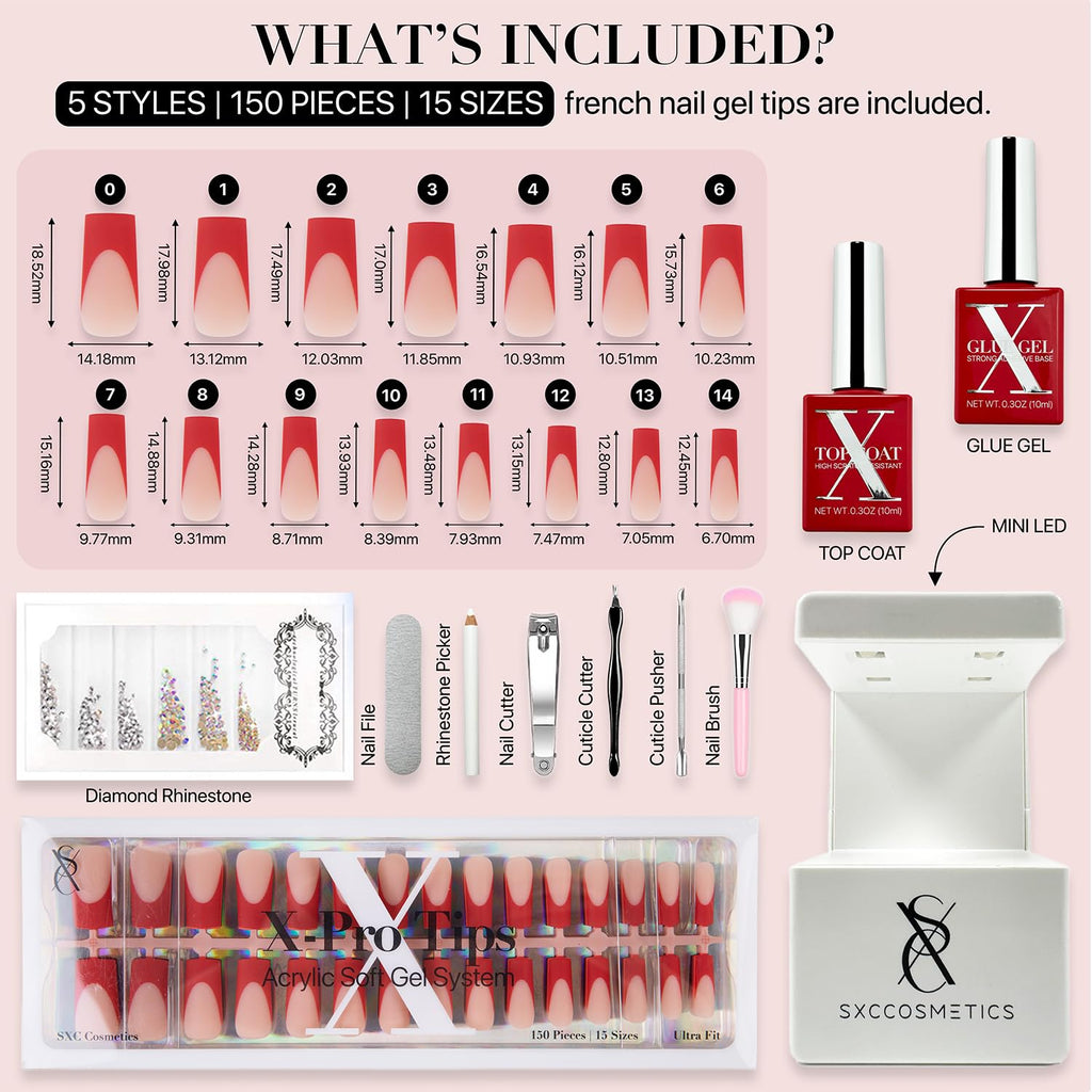 SXC Cosmetics French Tip Press On Nails – Red Series, Medium Square, X-Pro Tips Starter Kit | 150PCS, 15 Sizes, 5 Styles, Beginner-Friendly