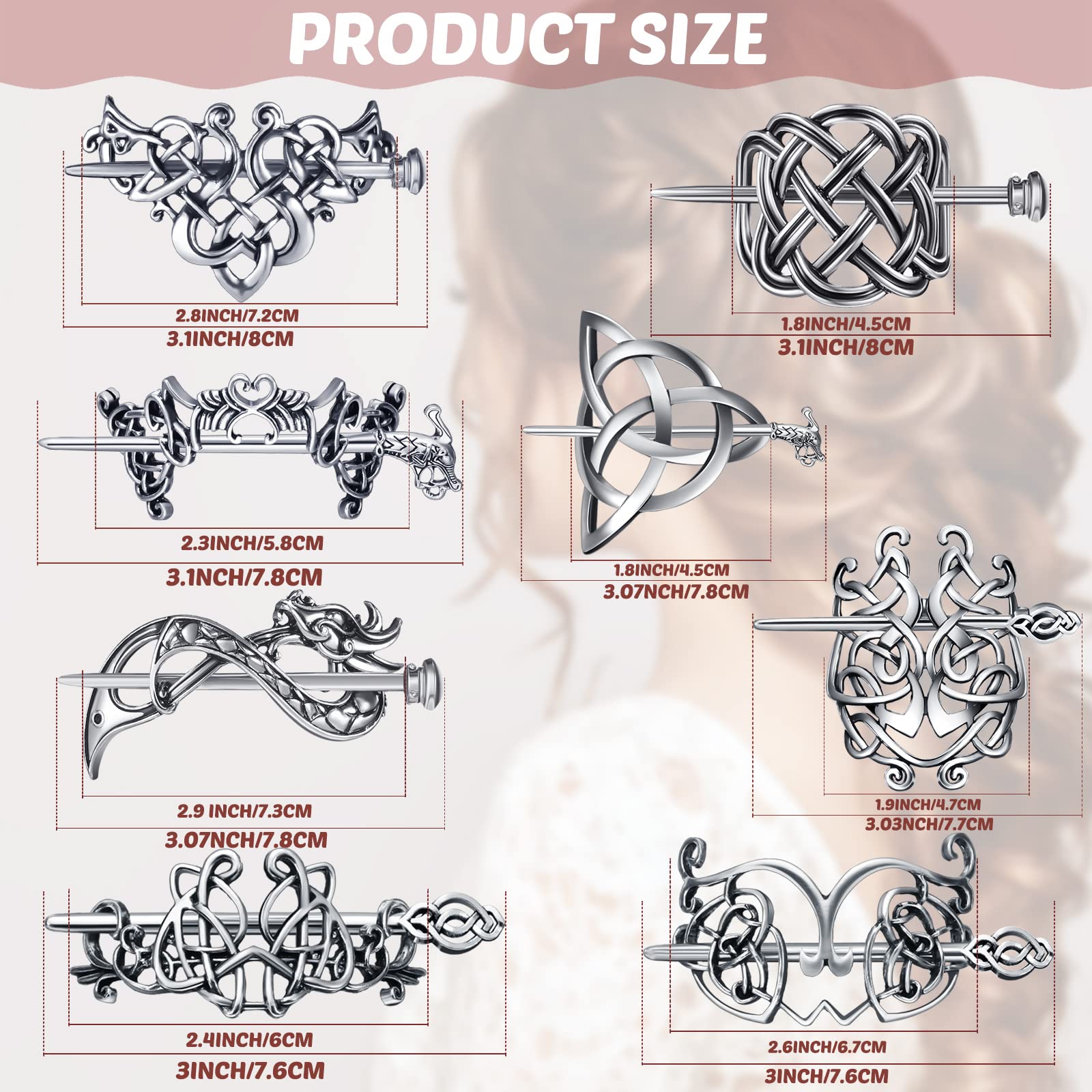 Syhood Viking Celtic Hair Clips – 8-Piece Vintage Knot Hairpins in Silver for Women