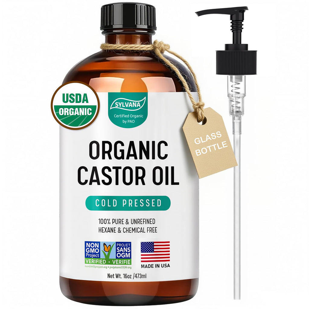 SYLVANA Organic Castor Oil with Pump – 16oz Glass Bottle | USDA Organic, Cold-Pressed, Hexane-Free, Vegan