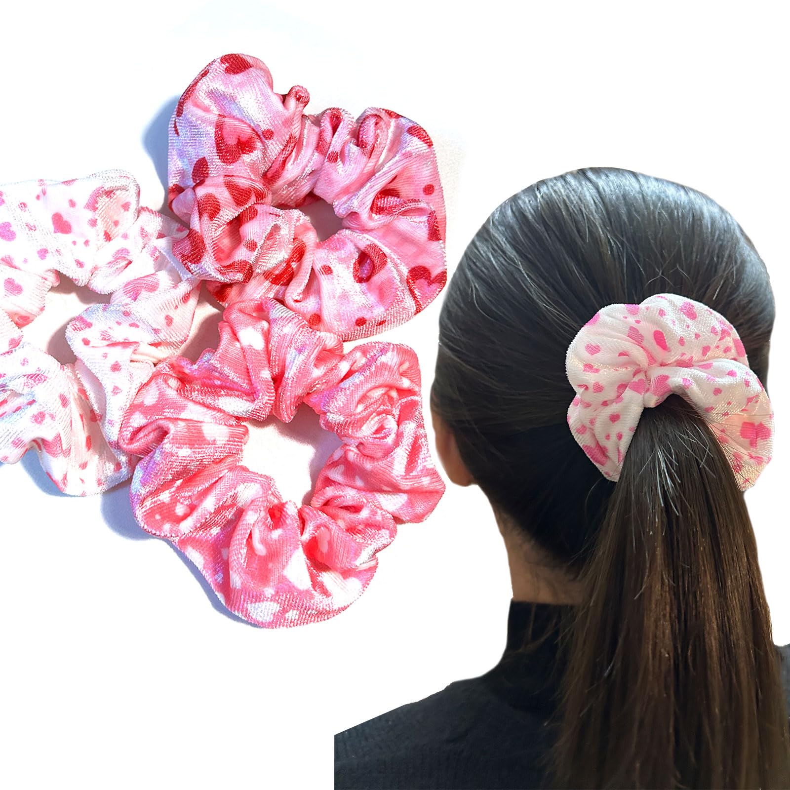 syyoo Valentine's Day Hair Ties - Red Heart Scrunchies, Pink Soft Elastic Hair Bands for Women & Girls