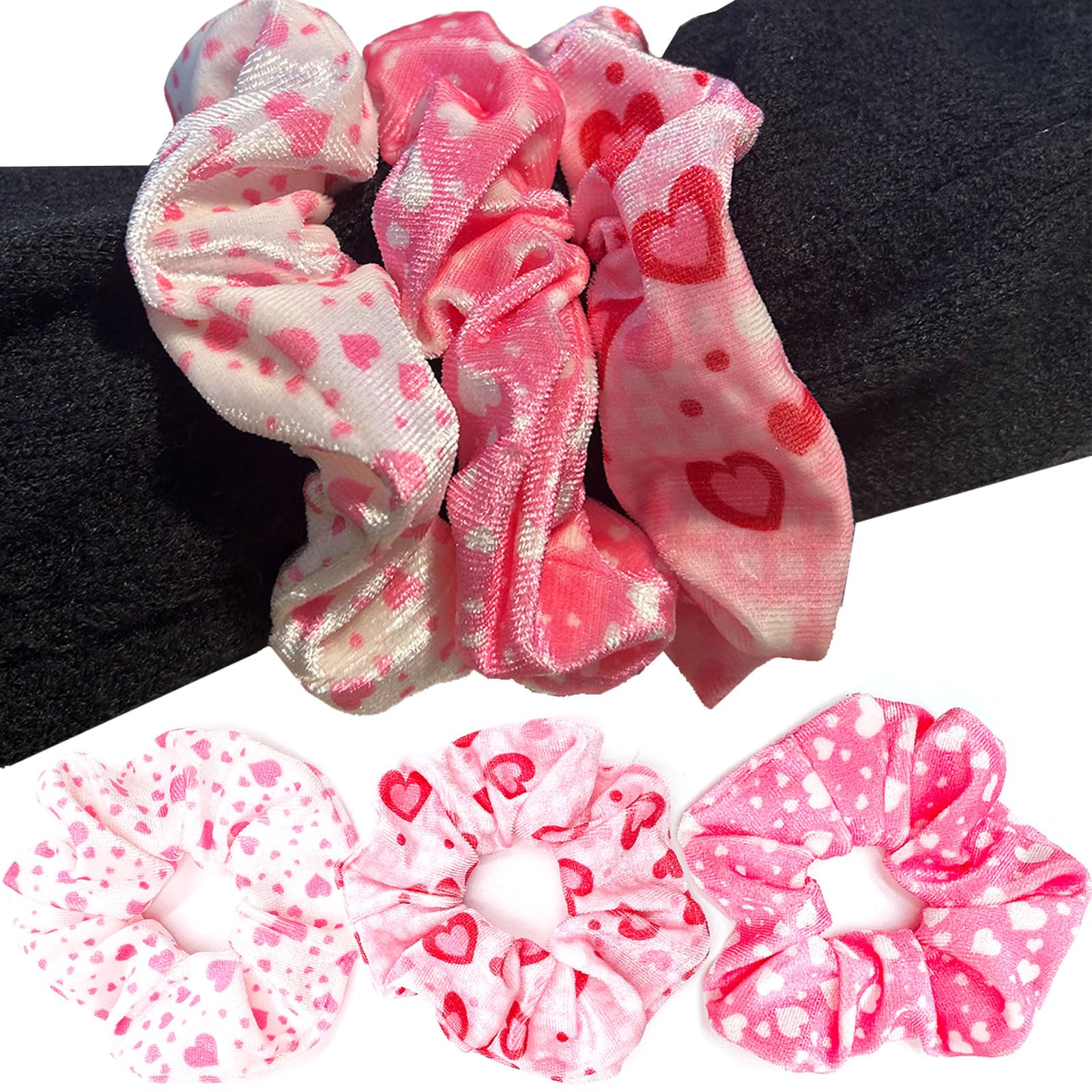 syyoo Valentine's Day Hair Ties - Red Heart Scrunchies, Pink Soft Elastic Hair Bands for Women & Girls