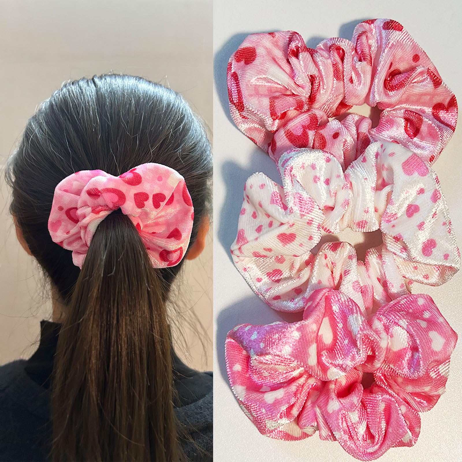 syyoo Valentine's Day Hair Ties - Red Heart Scrunchies, Pink Soft Elastic Hair Bands for Women & Girls