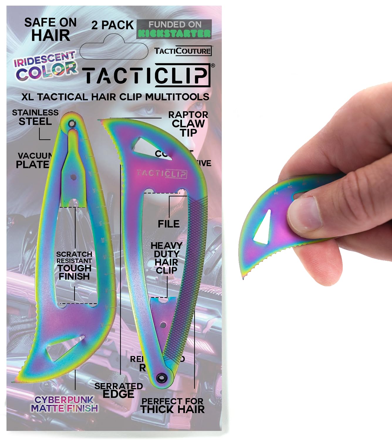 Tacticlip Cyberpunk XL Snap Clip Multitool – Iridescent Stainless Steel, 2-Pack for Thick Hair