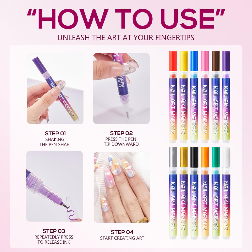 TAEERY 12 Colors Nail Art Markers Set – Quick-Dry Nail Art Pens for Home & Salon
