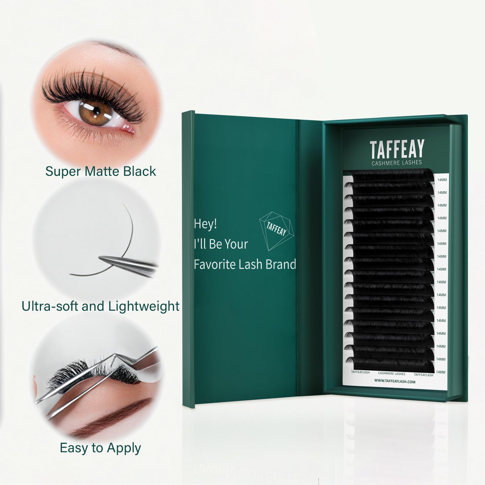 TAFFEAY Cashmere Lash Extensions – Classic & Volume, 0.03–0.15mm, C/CC/D/B/J Curl, 8–20mm, 16-Row Tray, Matte Black (0.07D13mm)