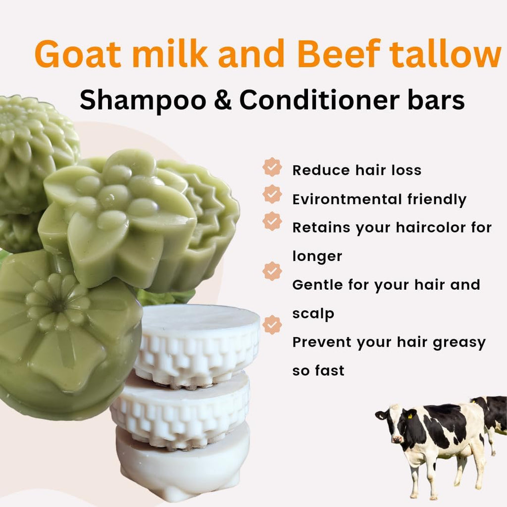 Tallow & Goat Milk Shampoo & Conditioner Bars Set – Handmade, Zero Waste, Rosemary & Mint, Fenugreek, Moringa – Sulfate-Free