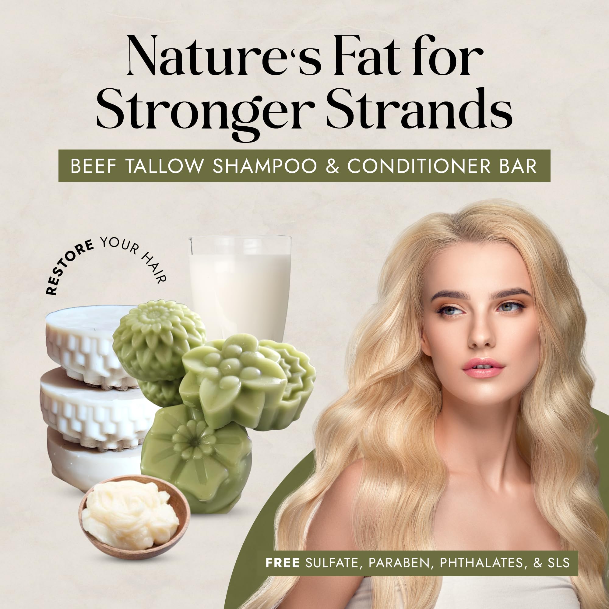 Tallow & Goat Milk Shampoo & Conditioner Bars Set – Handmade, Zero Waste, Rosemary & Mint, Fenugreek, Moringa – Sulfate-Free