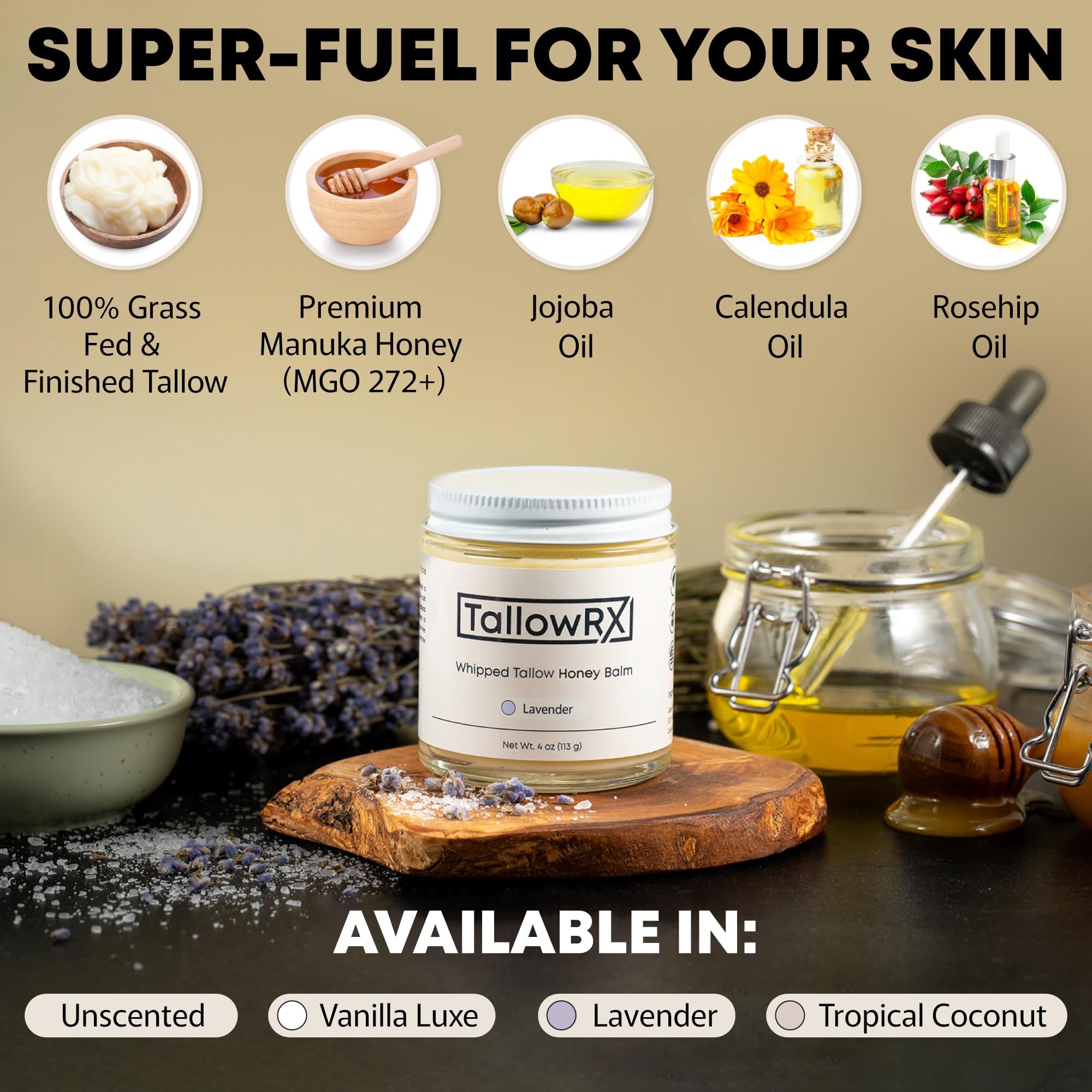 TALLOWRX 100% Grass-Fed Beef Tallow Balm – Whipped Honey Moisturizer with Manuka Honey, Jojoba & Calendula | Face & Body (4 oz, Vanilla Scent)