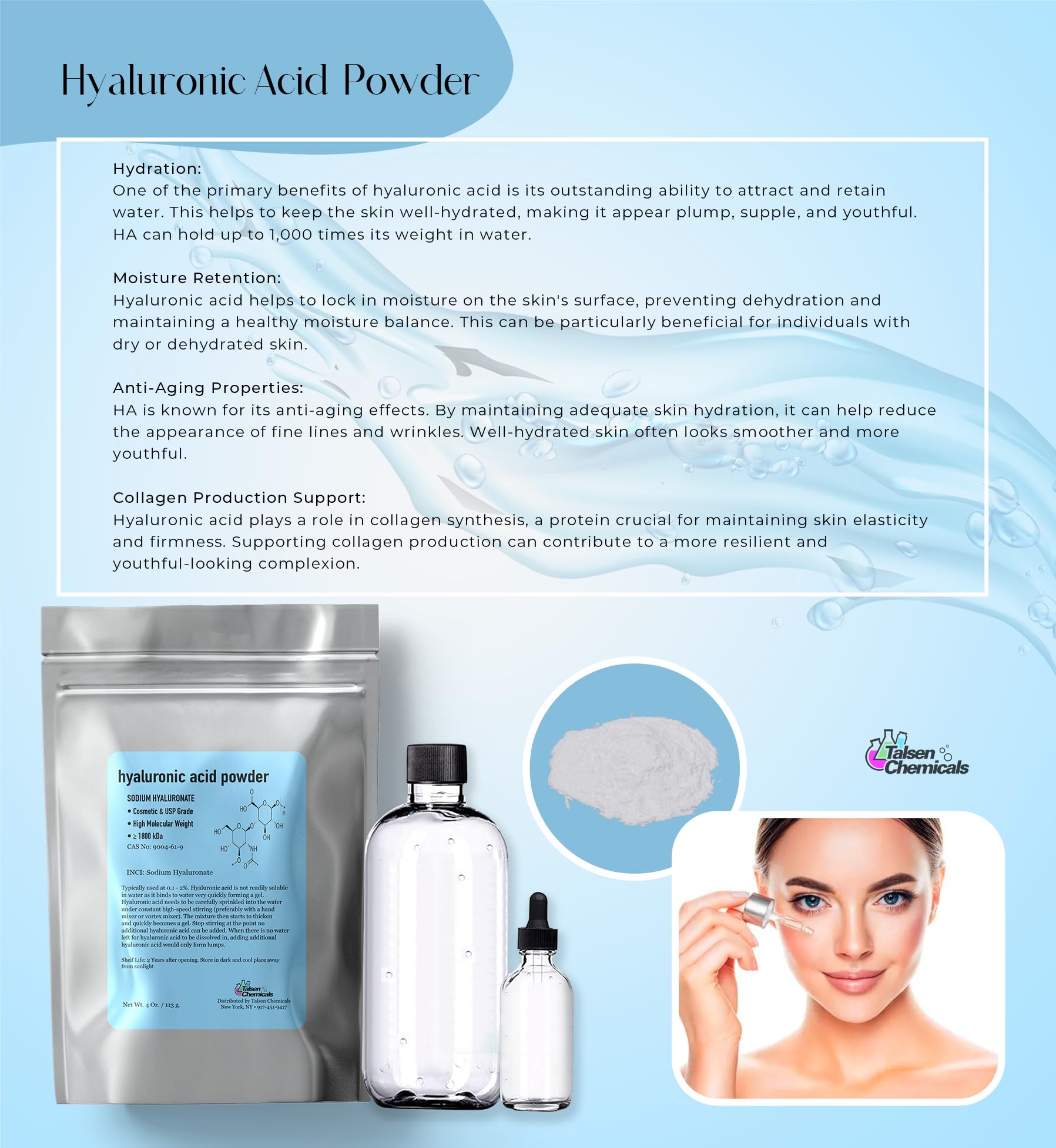 Talsen Chemicals Pure Hyaluronic Acid Powder 1800 kDa+ (2 oz / 56 g) – DIY Serums, Natural Cosmetic Grade