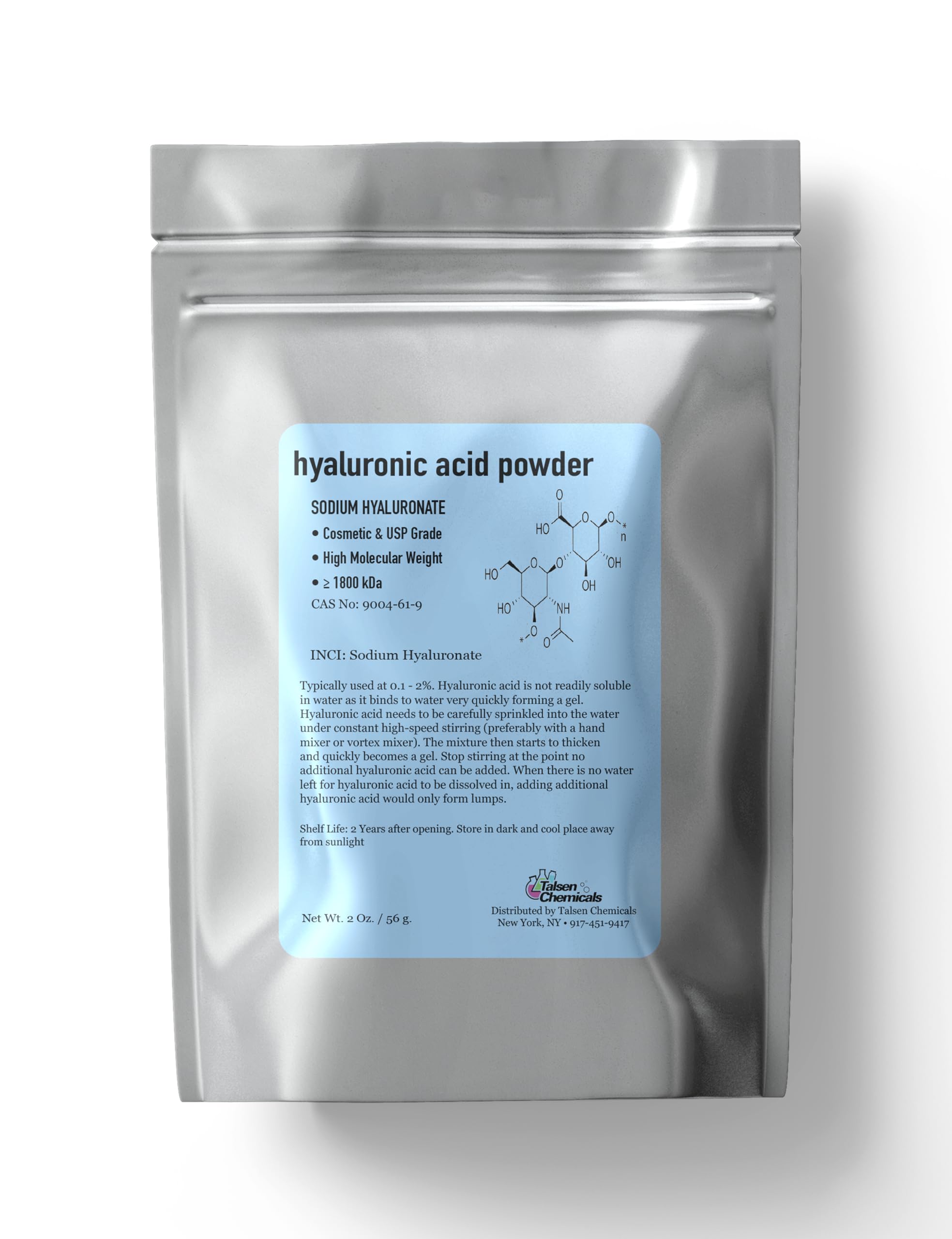 Talsen Chemicals Pure Hyaluronic Acid Powder 1800 kDa+ (2 oz / 56 g) – DIY Serums, Natural Cosmetic Grade